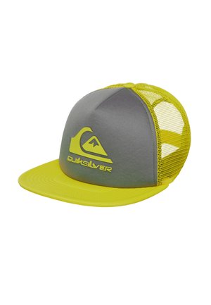Gelb-graue Trucker-Kappe mit Mesh-Rückseite, die ein Quiksilver-Logo auf dem grauen Frontpanel und eine flache gelbe Krempe zeigt.