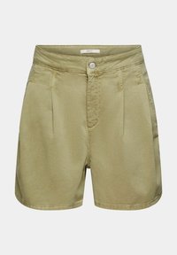 Khaki shorts valmistettu puuvillasta, joissa on sileä pinta, nappisuljenta, etupliseeraukset ja sivutaskut.