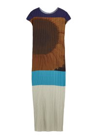 Sukienka maxi z plisowanym dołem, z okrągłym dekoltem i krótkimi rękawami. Kolory obejmują granatowy, brązowy, pomarańczowy, turkusowy i jasnoszary.