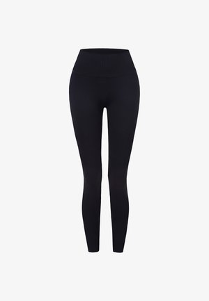Korkeavyötäröiset mustat saumattomat leggingsit leveällä ribbineuloksisella vyötäröllä, suunniteltu istuvaksi ja mukavaksi.