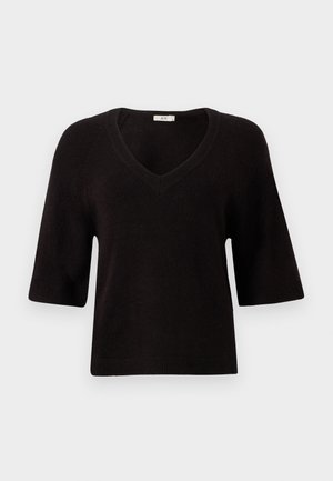 Suéter preto de malha com decote em V, mangas curtas e um corte descontraído. Textura suave com detalhes em ribana na barra e nas mangas.