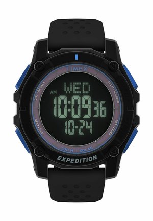 Montre digitale Timex Expedition avec un bracelet en silicone noir, des accents bleus et un cadran rond affichant l'heure et la date en LCD vert.