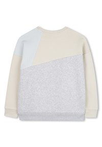 Light gray sweatshirt featuring a color-block design with cream, pale blue, and textured accents. Ribbed cuffs and hem complete the look.