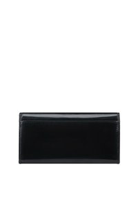 Portafoglio in pelle verniciata nera con una forma rettangolare elegante, texture liscia e dettagli di cucitura visibili lungo i bordi.