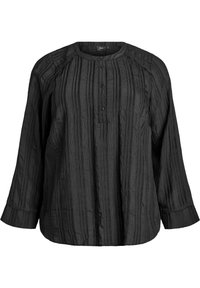 Crna majica dugih rukava s okruglim izrezom, zatvaranjem na gumbi i vertikalnim teksturiranim prugama. Opušteni kroj i manžetne na rukavima.