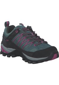 Chaussure de randonnée extérieure grise avec des touches noires et roses, avec une semelle robuste, un col matelassé et un système de laçage sécurisé.