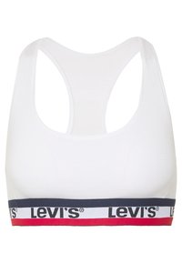 Hvit sportbh med scoop hals og racerback-design. Har et flerfarget bånd med "Levi's"-logo i svart, rødt og marineblått. Blandning av bomull.