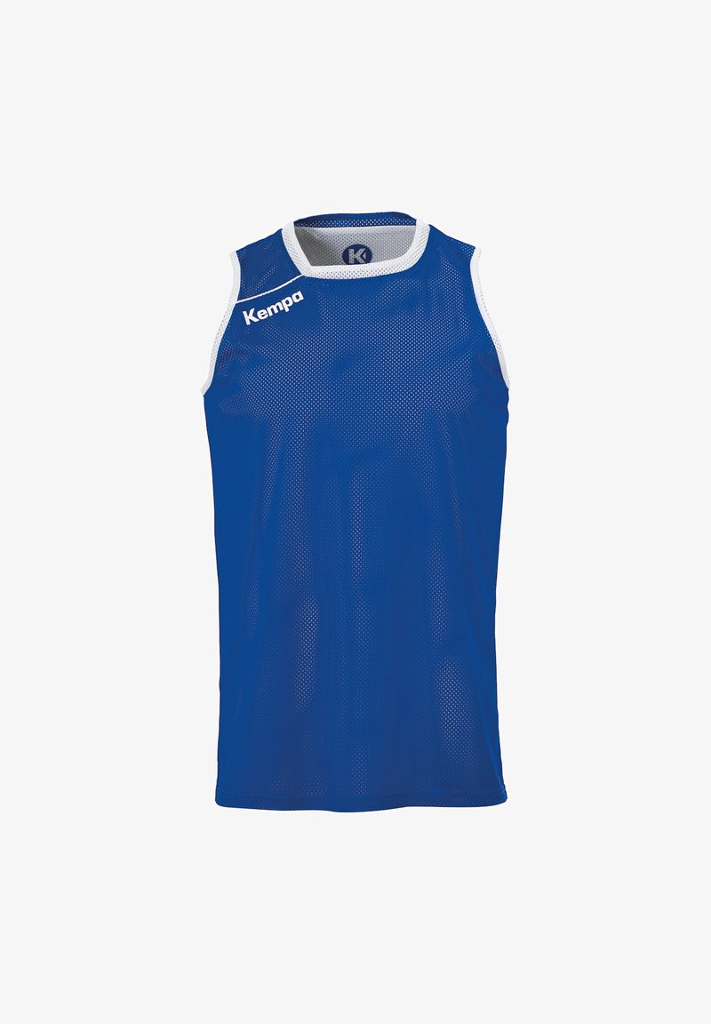 Débardeur de sport bleu sans manches en tissu mesh avec des bords blancs. Présente le logo "Kempa" en blanc sur la partie gauche de la poitrine.