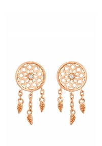 Örhängen i roséguld med en geometrisk utskärning, prydda med en central sten och hängande bladcharms på kedjor.