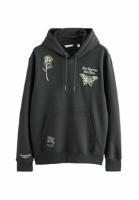 Zwarte hoodie van een katoenmix, met witte geborduurde rozen- en vlinderontwerpen, een voorzak en een capuchon met trekkoord.
