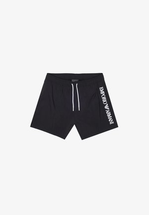 Černé plavky vyrobené z lehkého materiálu, se bílou šňůrkou na stažení a tištěným logem "Emporio Armani" na boční straně.