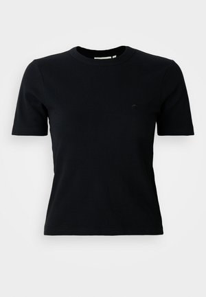 Black ribbed short-sleeve t-shirt with a round neckline; features a subtle logo on the chest; made from a soft, textured fabric.