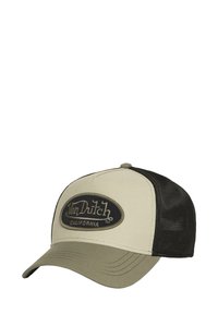 Beige und olivfarbene Von Dutch Baseballmütze mit schwarzem Netzrücken und ovalem Logo-Patch, das auf der Vorderseite "Von Dutch California" liest.