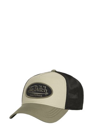 Beige and olive Von Dutch baseball cap with black mesh back and oval logo patch reading "Von Dutch California" on front panel.