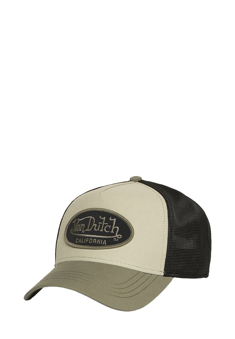 Beige und olivfarbene Von Dutch Baseballmütze mit schwarzem Netzrücken und ovalem Logo-Patch, das auf der Vorderseite "Von Dutch California" liest.