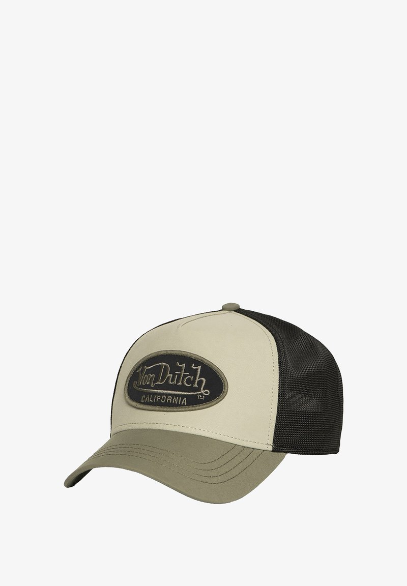 Beige und olivfarbene Von Dutch Baseballmütze mit schwarzem Netzrücken und ovalem Logo-Patch, das auf der Vorderseite "Von Dutch California" liest.