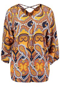 Langærmet bluse med levende orange, blå og gule paisley- og blomstermønstre, med en krydsryg halsudskæring.
