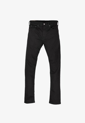 Zwarte spijkerbroek van denim met een rechte pijp, vijf zakken en een metalen knoopsluiting. Gladde textuur en uniforme kleur door het hele ontwerp.