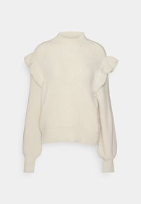 Pull couleur crème avec un col montant, un motif tricoté texturé, des détails à volants sur les épaules et des manches ajustées légèrement bouffantes.