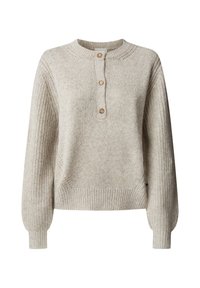 Beige pletený svetr s kulatým výstřihem, třemi dřevěnými knoflíky, žebrovanými manžetami a texturovaným tělem. Silná a měkká tkanina.