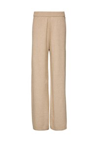 Beige, wijde broek gemaakt van zacht materiaal. Elastische tailleband en ribgebreide cuffs. Soepele textuur met minimale zichtbare naden.