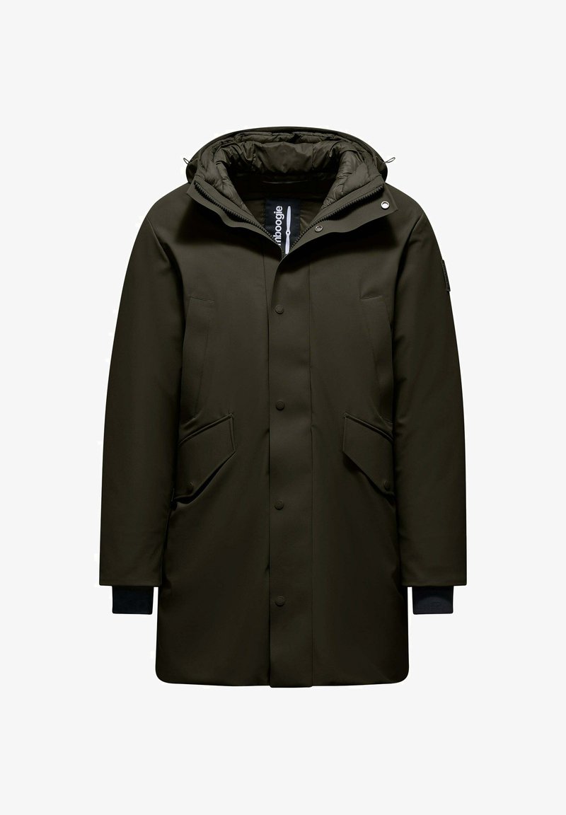 Parka verde oliva, realizzata in tessuto liscio. Presenta un cappuccio, chiusure a bottoni, due tasche frontali e polsini a maglia blu scuro.