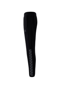 Schwarze Sporthose aus weichem Material mit elastischem Taillenbund, seitlichen Taschen und einem gemusterten grauen Akzent entlang des äußeren Beins.