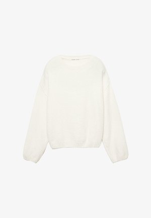 Bijela pletena džemper s okruglim izrezom, dugim balon rukavima i rebrastim manžetama. Mekana tekstura i opušteni kroj. Bez uzoraka ili hardverskih detalja.