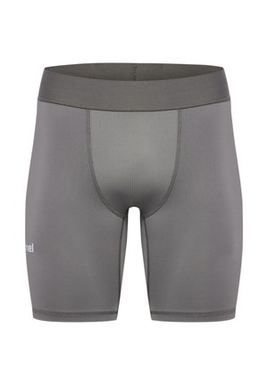 Graue Sportshorts aus einem dehnbaren Material, mit einer taillierten Passform, glatter Textur und einem bequemen Gummibund.