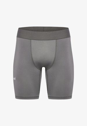 Szare szorty sportowe wykonane z elastycznego materiału, o dopasowanym kroju, gładkiej teksturze i wygodnym pasie.