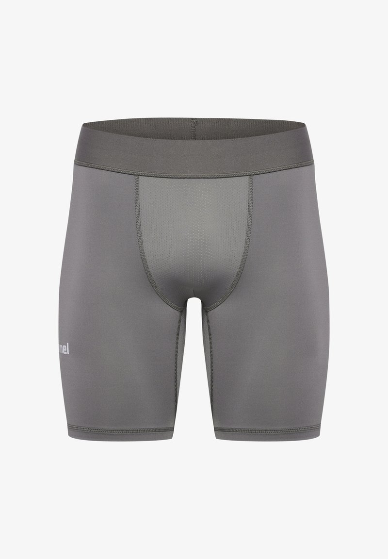 Grå atletiske shorts lavet af et strækbart materiale, med en tætsiddende design, glat tekstur og en komfortabel talje.