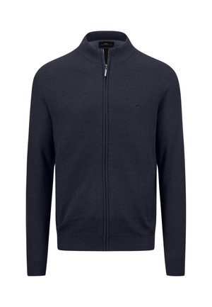 Marineblå lynlås cardigan lavet af struktureret strikmateriale; har en stående krave og et lille logo på venstre bryst.