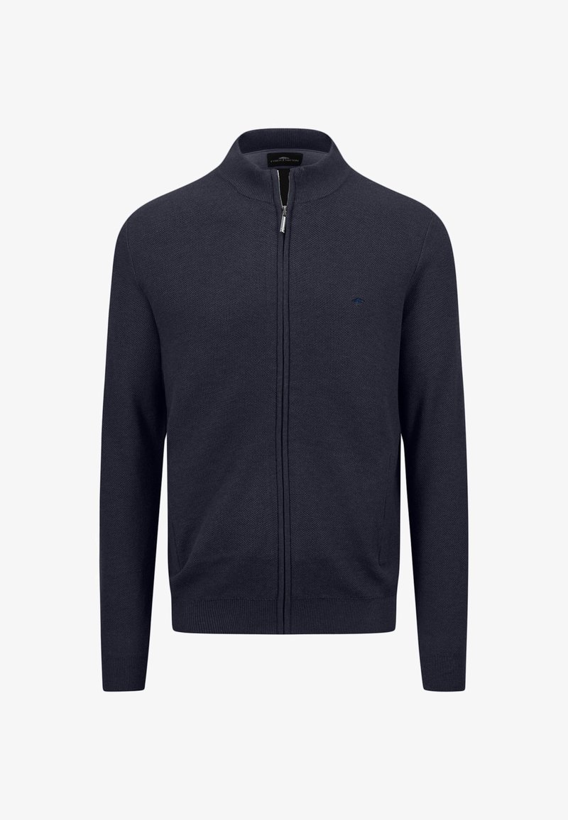 Cardigan blu navy con zip realizzato in materiale a maglia testurizzata; presenta un colletto alto e un piccolo logo sul lato sinistro del petto.