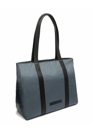Blauwe nylon draagtas met zwarte leren accenten en handvatten. Grafiettextuur met rechthoekige vorm en een logopatch aan de voorkant.