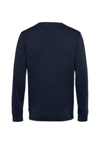 Felpa a maniche lunghe blu navy con collo a giro, realizzata in morbido cotone, presenta polsini e vita a coste, con una texture liscia.