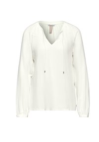 Witte lange mouwen top met een V-hals, trekkoorddetails en geplooide accenten op de schouders. Glad, lichtgewicht stof met een ontspannen pasvorm.