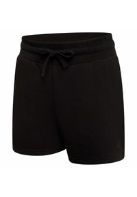 Schwarze Shorts aus weichem Stoff mit einem Bund zum Schnüren. Sie haben ein einfaches Design und ein kleines Logo auf einer Seite.