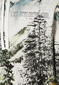 Fabric print with pine tree forest scene, text “Tommy Hilfiger,” brand logos, and white hoodie drawstrings on a light background.