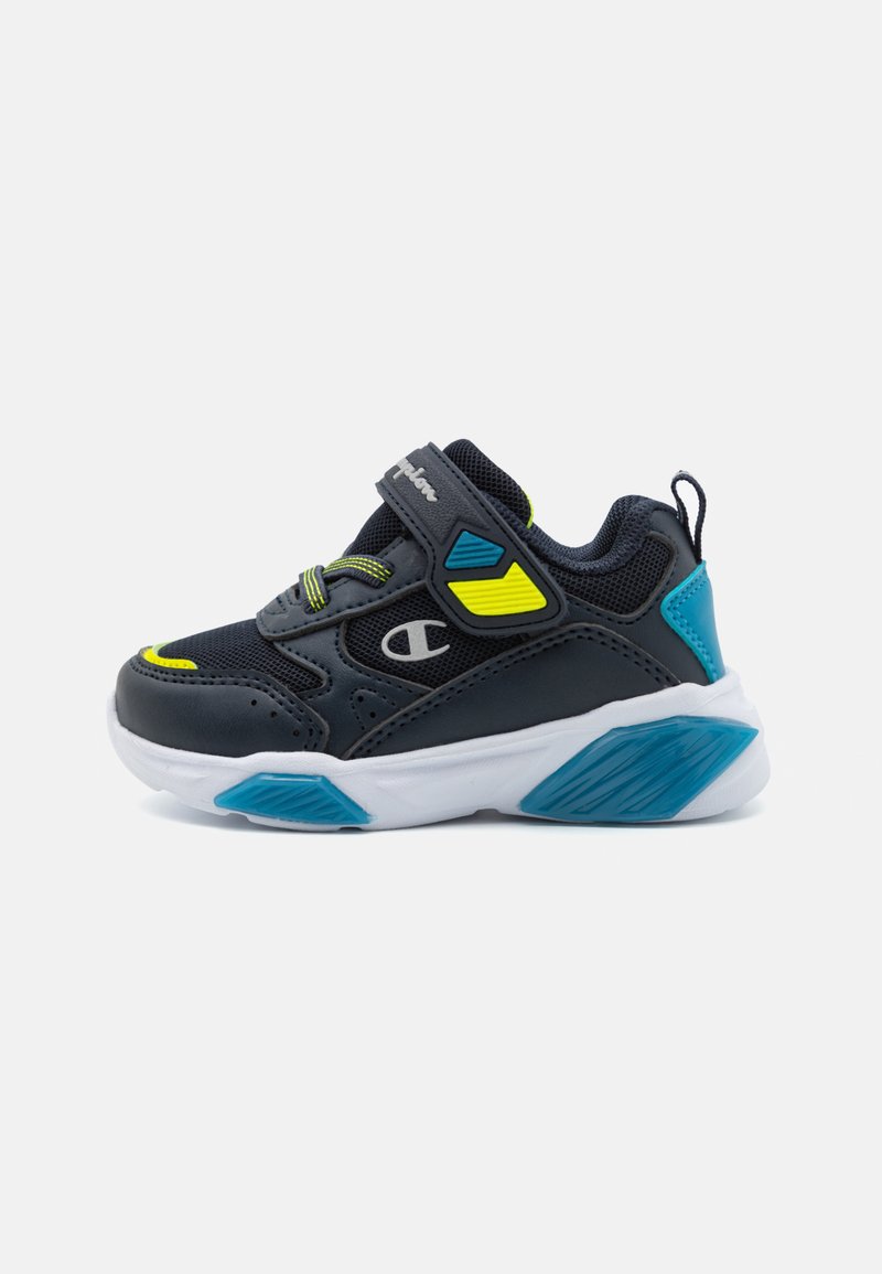 Chaussure de sport marine en matériaux en maille et synthétiques. Présente des accents jaunes fluo et bleus, une semelle rembourrée et une lanière Velcro pour la fermeture.