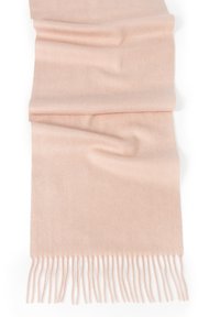 Jasnoróżowy szalik wykonany z miękkiej tkaniny, z frędzlami na końcach. Jego gładka faktura i delikatny połysk podkreślają minimalistyczny design.