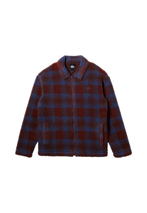 Fleece jacket in brown and blue plaid pattern, featuring a zip front, collar, and two side pockets. Soft texture and casual design.