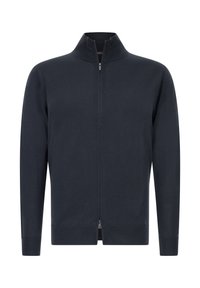 Modra jopica na zadrgo z visokim ovratnikom, dolgimi rokavi, rebrastimi manšetami in robom. Mehka pletenina, čist dizajn brez vidnih vzorcev ali dodatkov.