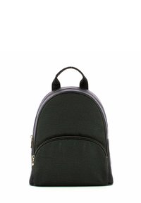 Sac à dos noir texturé avec deux compartiments zippés, un dessus arrondi et une petite poignée. Quincaillerie dorée. Doublure en tissu lisse.