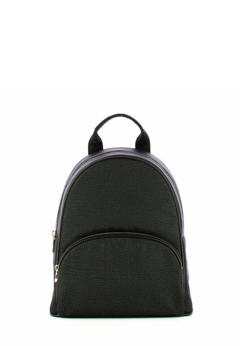 Sac à dos noir texturé avec deux compartiments zippés, un dessus arrondi et une petite poignée. Quincaillerie dorée. Doublure en tissu lisse.