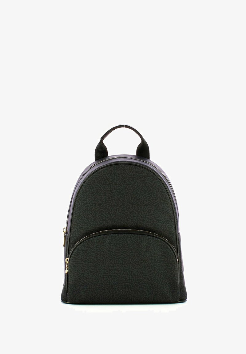 Sac à dos noir texturé avec deux compartiments zippés, un dessus arrondi et une petite poignée. Quincaillerie dorée. Doublure en tissu lisse.