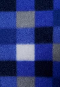 Blauwe en grijze geruite fleecedecke met verschillende vierkanten in tinten blauw, grijs en wit. Zachte textuur en levendige kleuren.