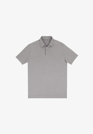 Szary polo, krótki rękaw, klasyczny kołnierzyk, zapięcie na trzy guziki, bawełnowy materiał, gładka textura, lekko luźny fason.