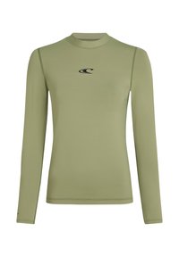 Langarm-Rashguard in Olivgrün, aus glattem Material mit enganliegendem Design. Mit kleinem schwarzem Logo auf der Brust und flachen Nähten.