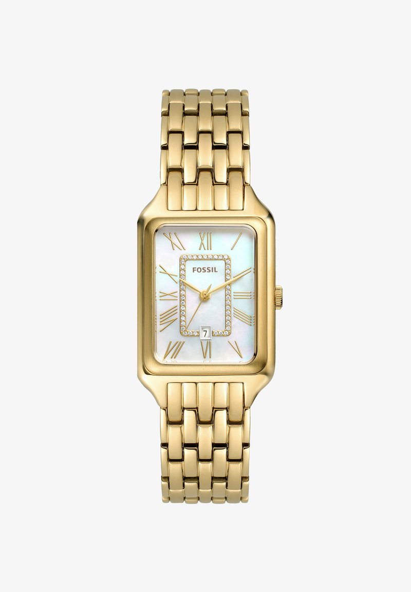 Gold-tone rectangular watch with a mother-of-pearl face, Roman numeral hour markers, date display, and a link bracelet design.