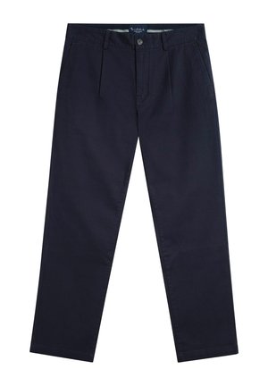 Marineblauwe rechte broek met riemlussen, knoop- en ritssluiting aan de voorkant, en zijzakken, plat gelegd op een witte achtergrond.